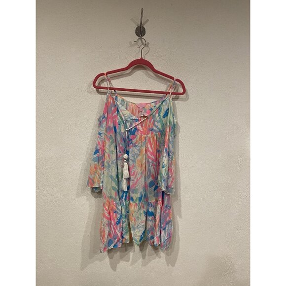 Lilly Pulitzer Alanna Dress Womens Medium Multicolor Off Shoulder Tassel Ruffle - Picture 2 of 4